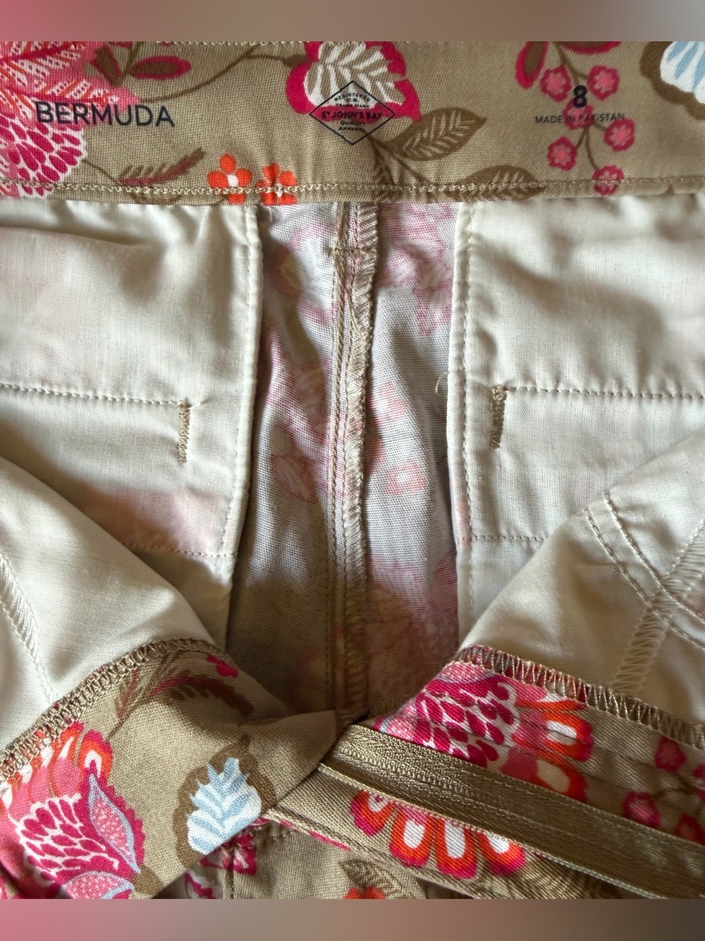 St. John's Bay Beige Bermuda Shorts with Pink Floral Print NWOT 8 - Picture 5 of 7